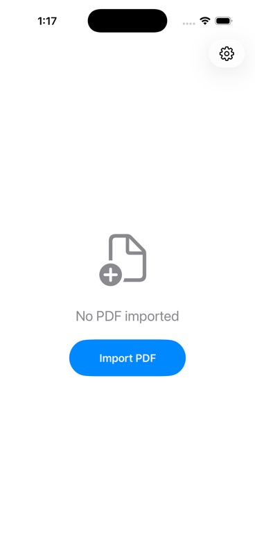 Empty state with an Import PDF button and a settings gear in the corner.